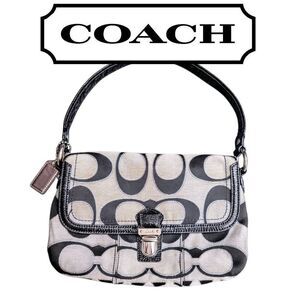 Coach Top Handle Signature Silver Outline Black Patent Leather Trim Small Bag
